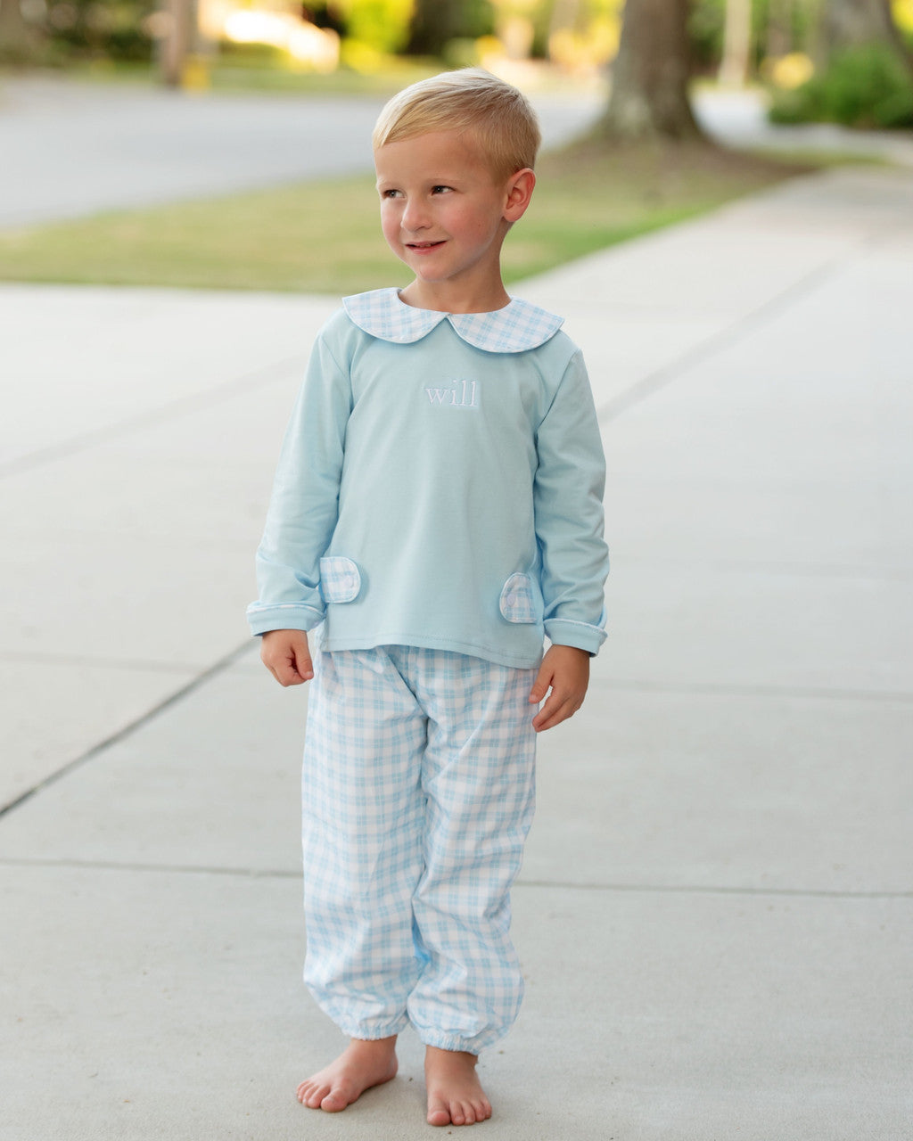 Blue Knit Check Ankle Pant Set