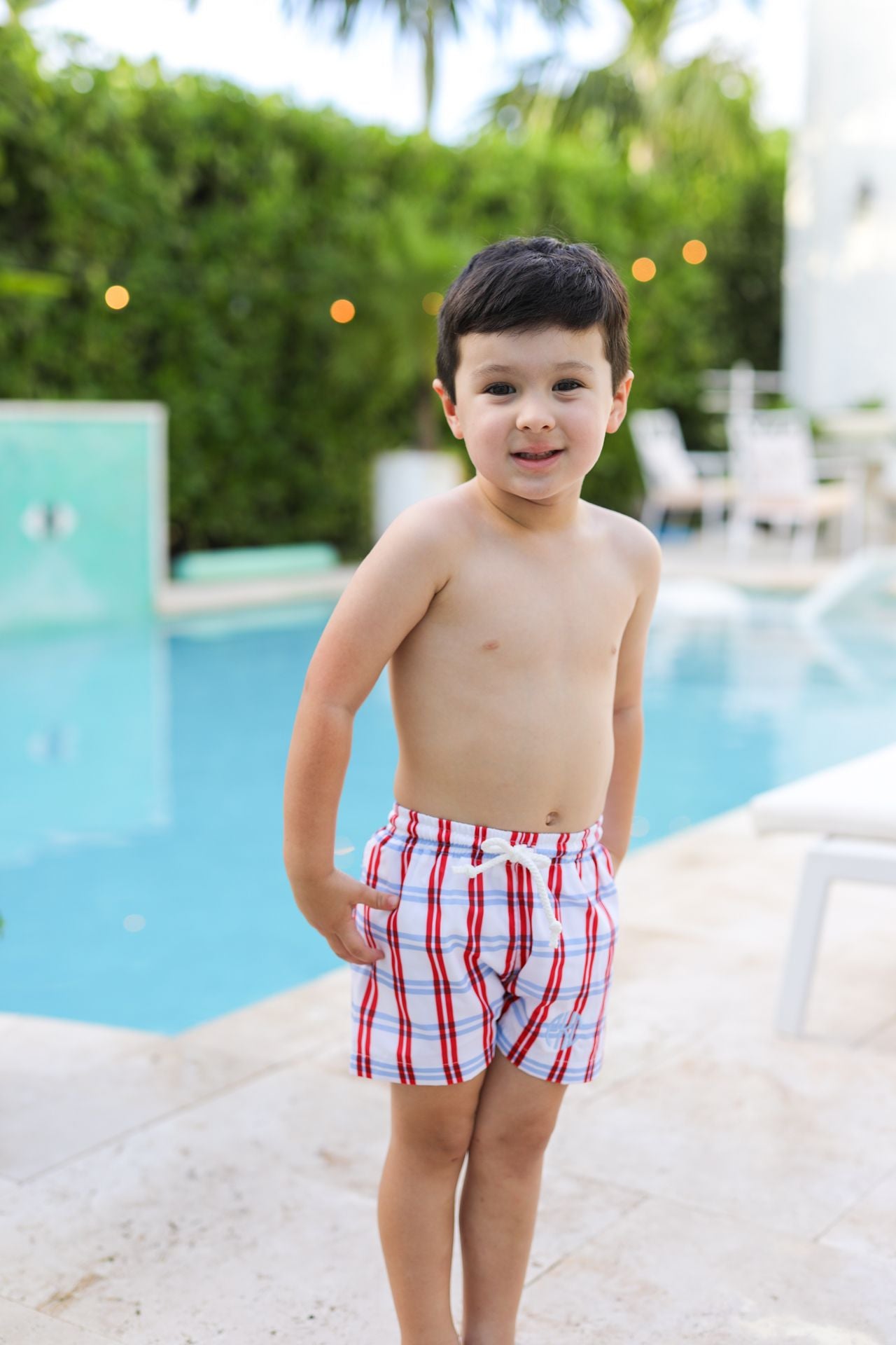 Red And Blue Windowpane Swim Trunks