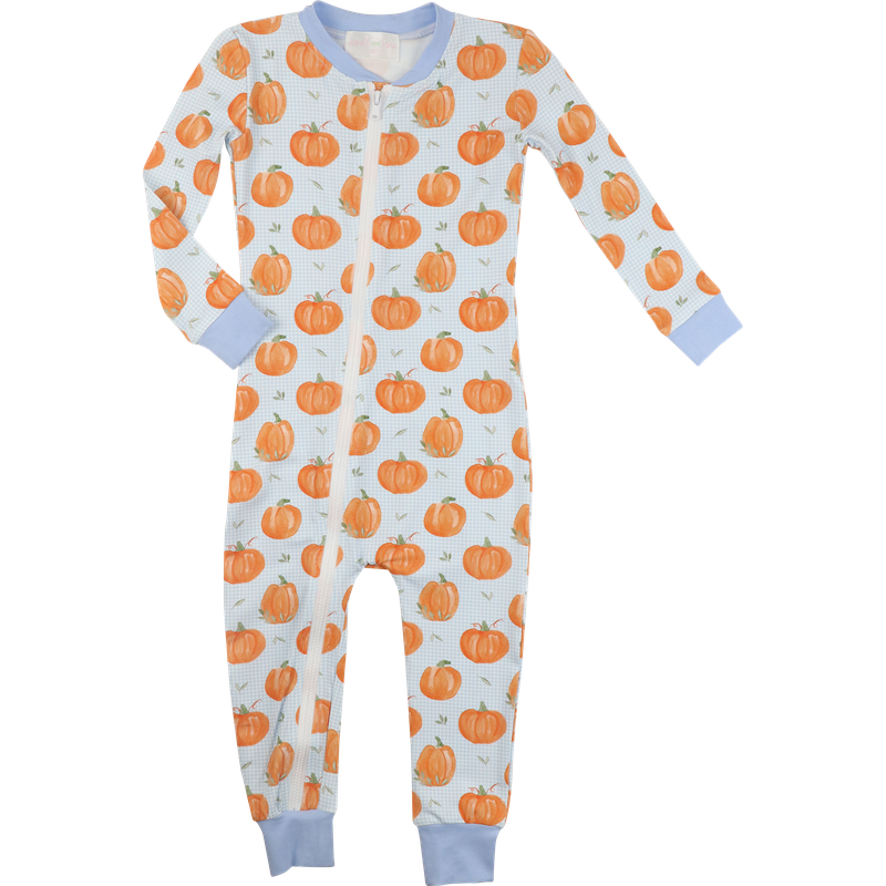 Blue Gingham Knit Pumpkin Zipper Pajamas