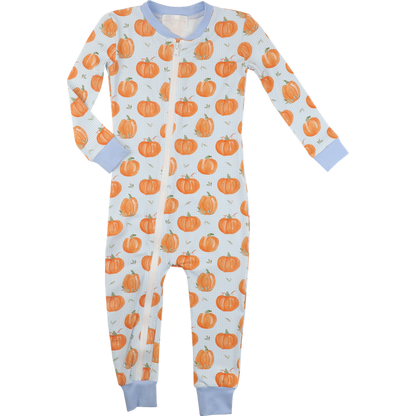 Blue Gingham Knit Pumpkin Zipper Pajamas