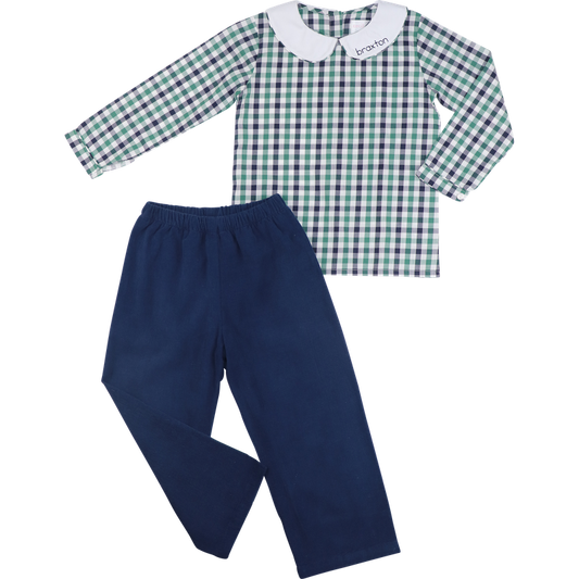 Navy And Green Check Corduroy Pant Set