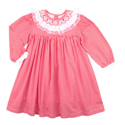 Red Gingham Smocked Ruffle Collar Dress