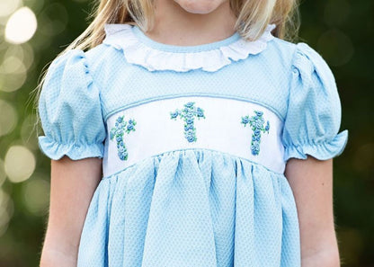 Blue Honeycomb Eyelet Smocked Cross Bubble