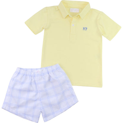 Blue And Yellow Windowpane Polo Short Set