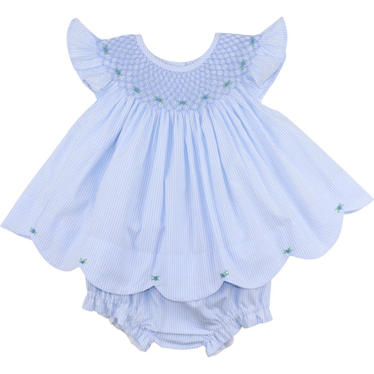 Blue Striped Smocked Rosette Diaper Set