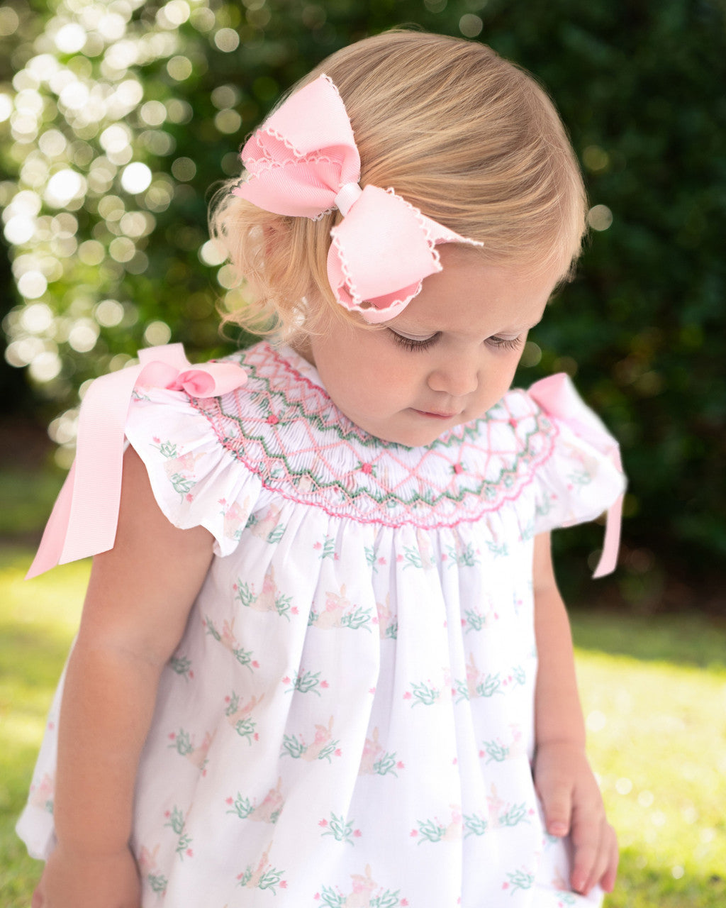 Pink And Green Smocked Bunny Bow Bubble