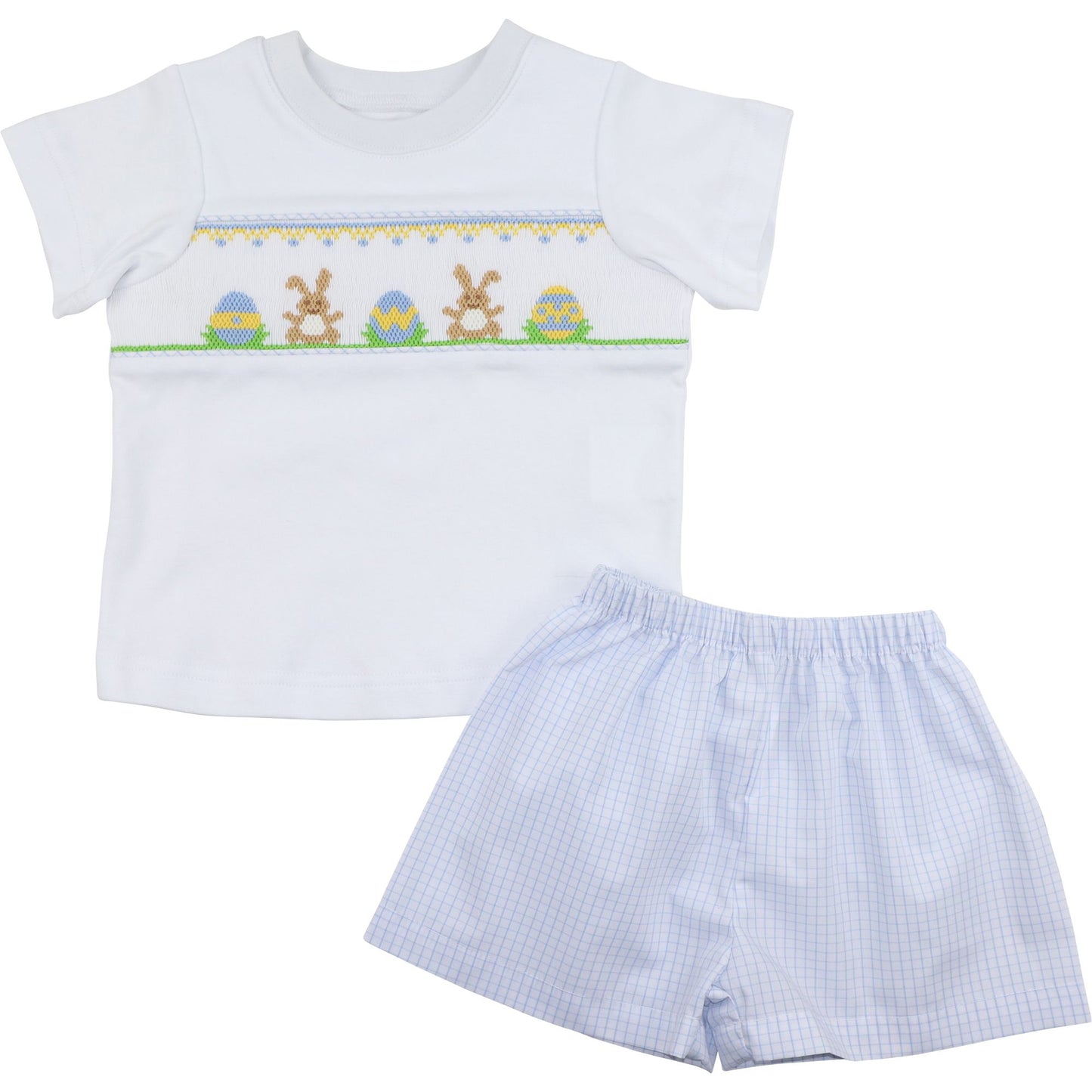 Blue Windowpane Smocked Bunny And Egg Short Set