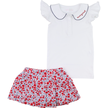 Red And Navy Floral Knit Tennis Skirt Set