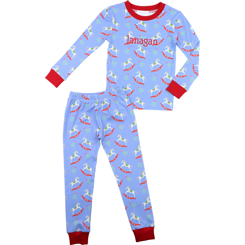 Red And Blue Holiday Rocking Horses Knit Pajamas