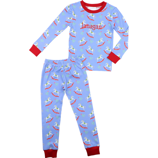 Red And Blue Holiday Rocking Horses Knit Pajamas