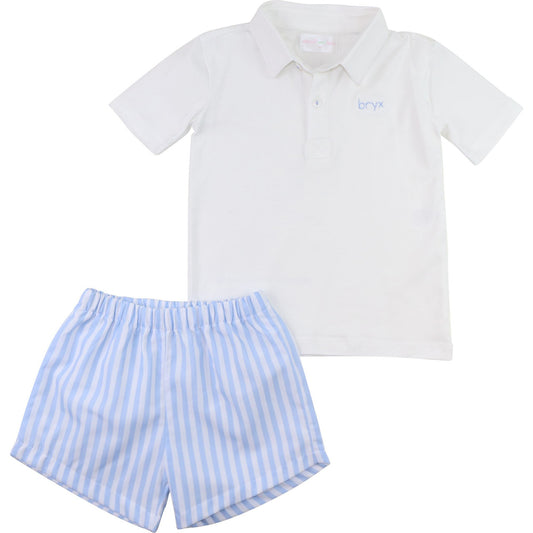 Blue And White Striped Polo Short Set