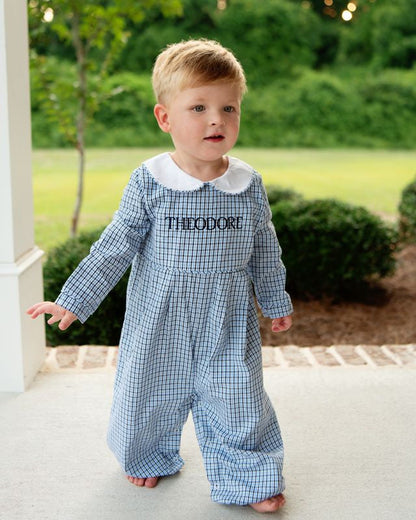 Navy And Blue Windowpane Long Romper