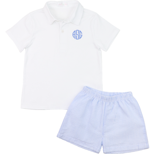 Blue And White Seersucker Short Set