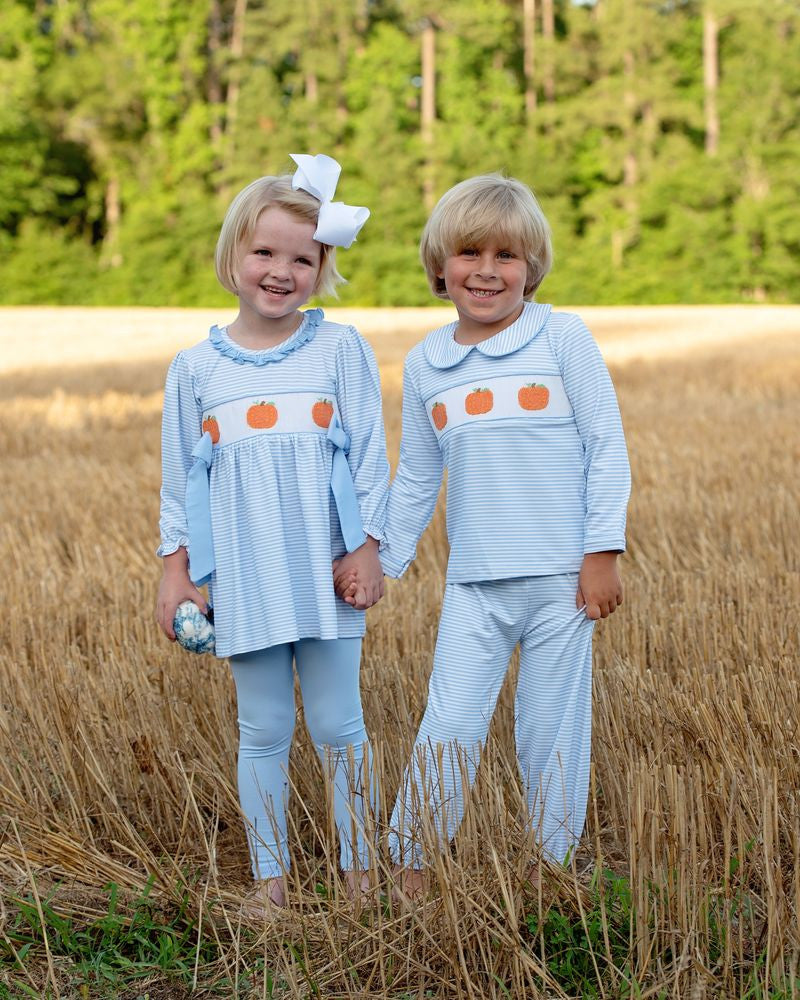 Blue Knit Stripe Smocked Pumpkin Pant Set