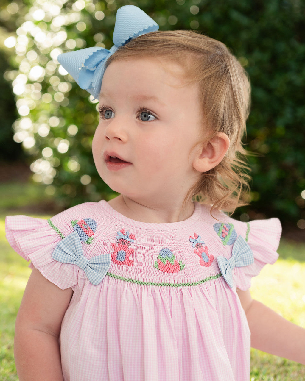 Pink Gingham Smocked Bunny And Egg Bloomer Set