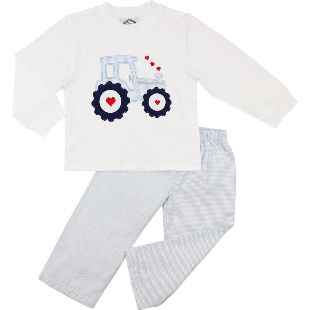 Blue Gingham Applique Valentine Tractor Pant Set