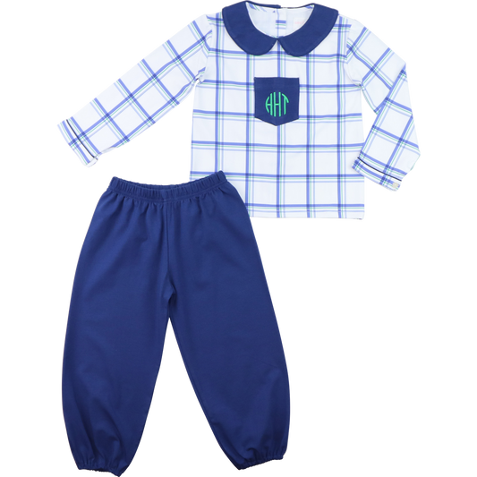 Navy And Green Plaid Ankle Pant Set