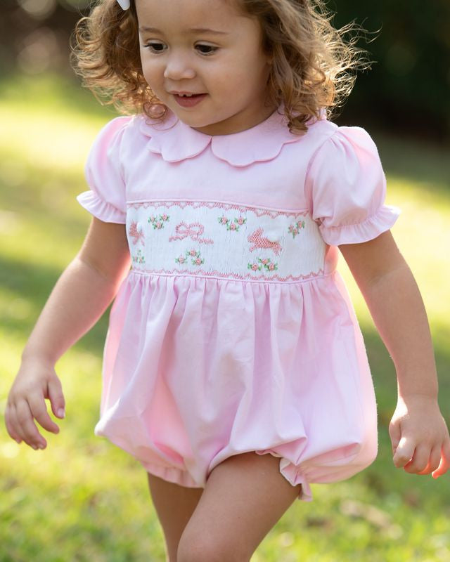 Pink Pique Smocked Bunny And Bow Bubble