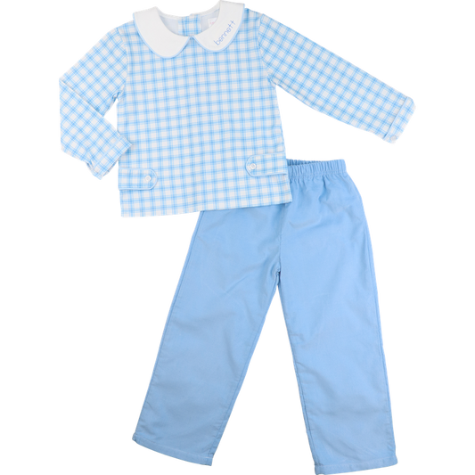 Blue And White Plaid Pant Set