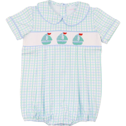 Blue And Green Windowpane Smocked Sailboats Bubble