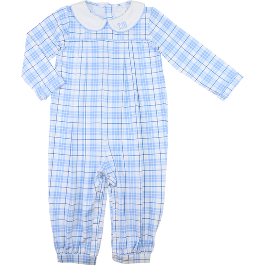 Blue Plaid Pleated Long Romper