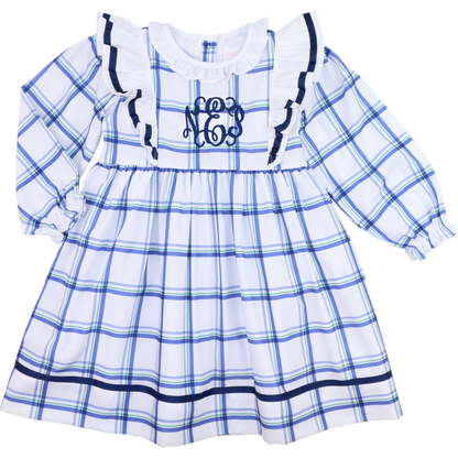 Blue And Navy Plaid Ruffle Dress