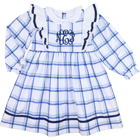 Blue And Navy Plaid Ruffle Dress