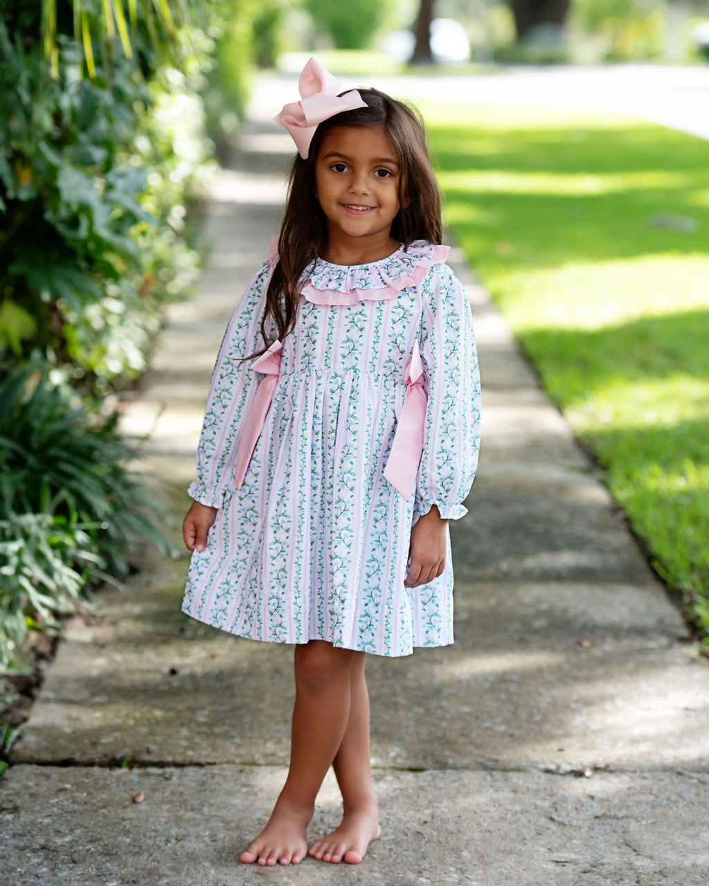 Pink And Green Floral Vines Bow Dress