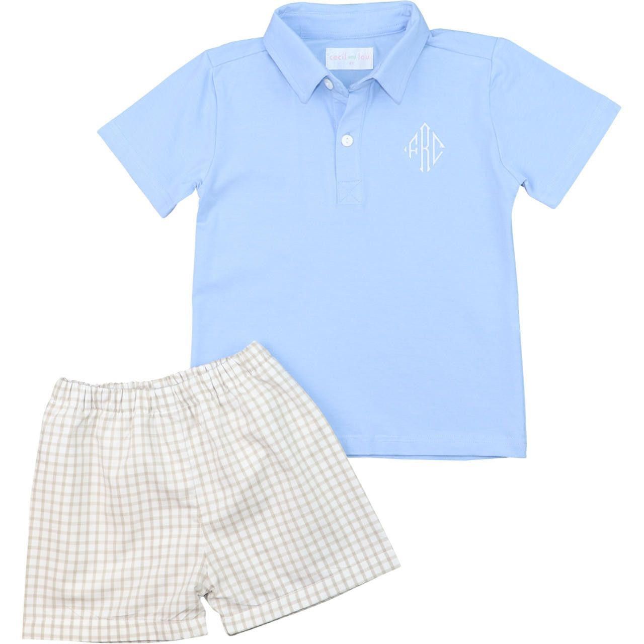 Blue And Khaki Windowpane Polo Short Set