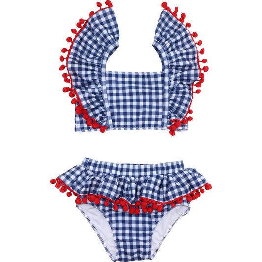 Navy Check Pom Pom Lycra Bikini