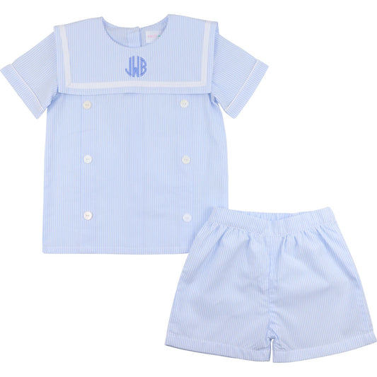 Blue Striped Button Short Set