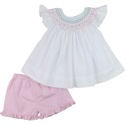 Pink Smocked Seersucker Short Set