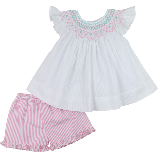 Pink Smocked Seersucker Short Set