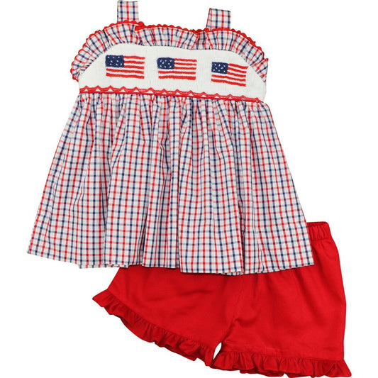 Red And Navy Smocked Flags Short Set