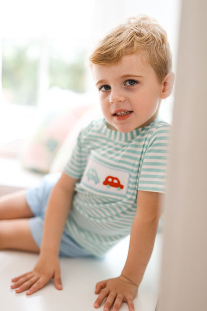 Mint Striped Smocked Cars Short Set