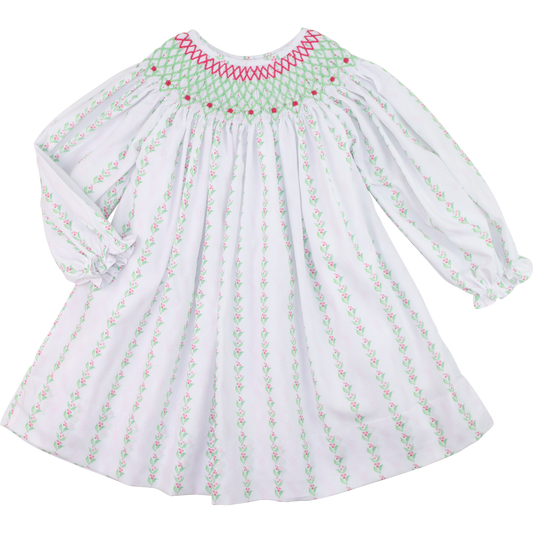 Pink And Green Smocked Holiday Floral Dress