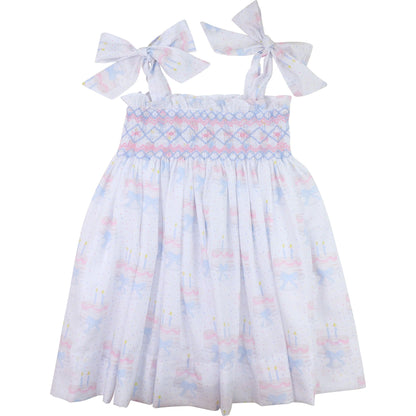 Pink And Blue Smocked Birthday Cake Shoulder Tie Dress