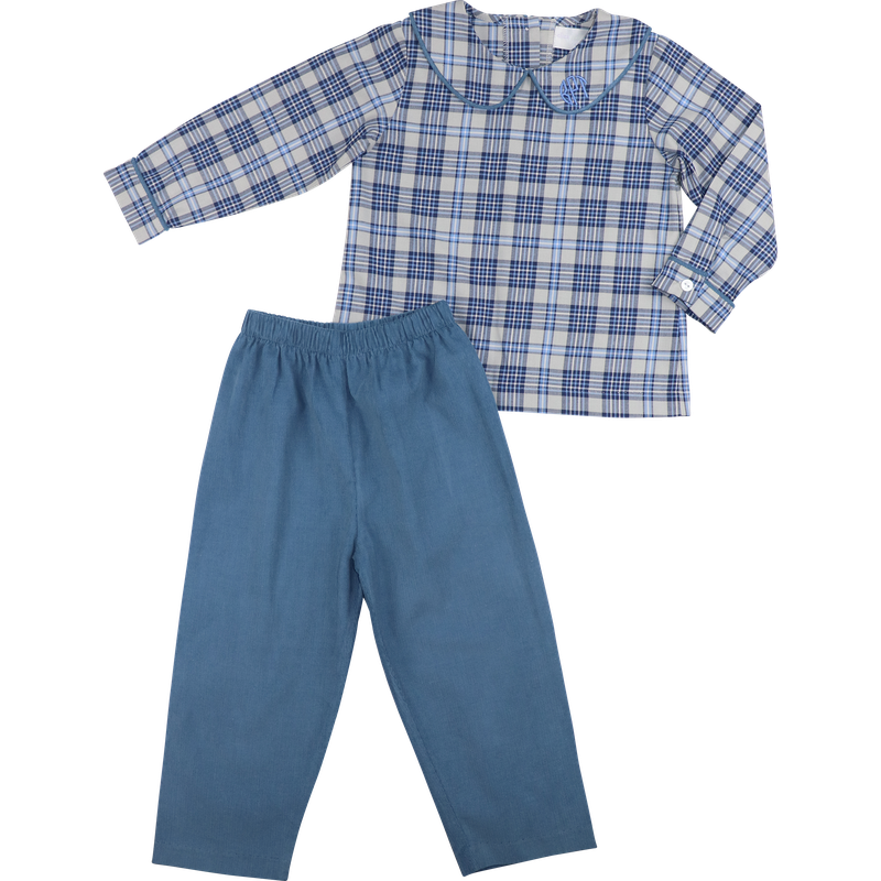 Navy And Blue Plaid Corduroy Pant Set