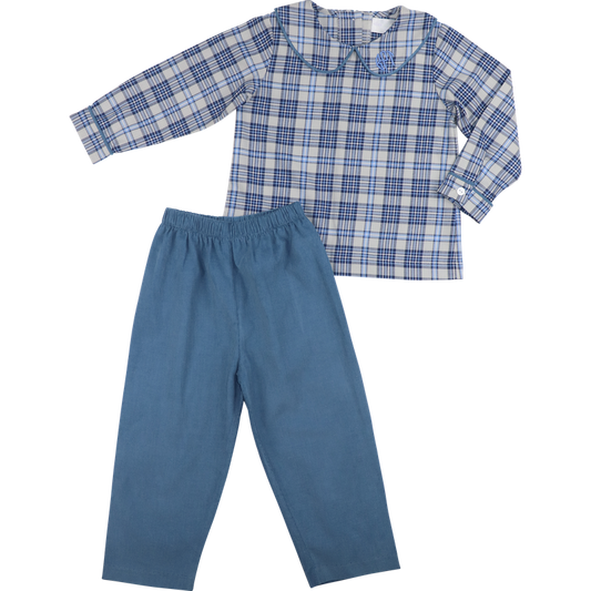 Navy And Blue Plaid Corduroy Pant Set