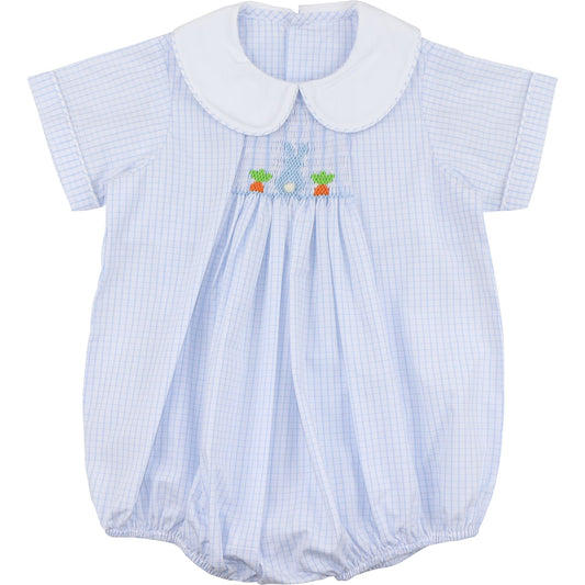 Blue Windowpane Smocked Bunny And Carrot Bubble