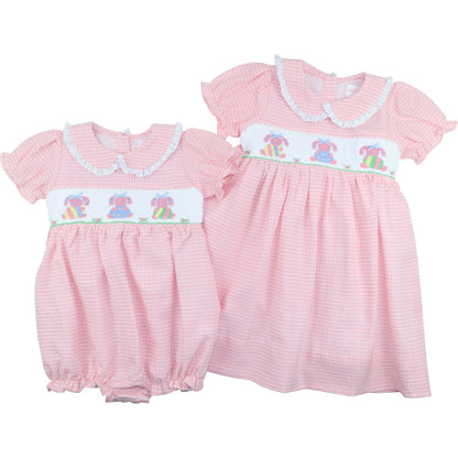 Pink Gingham Seersucker Smocked Easter Bunny Bubble