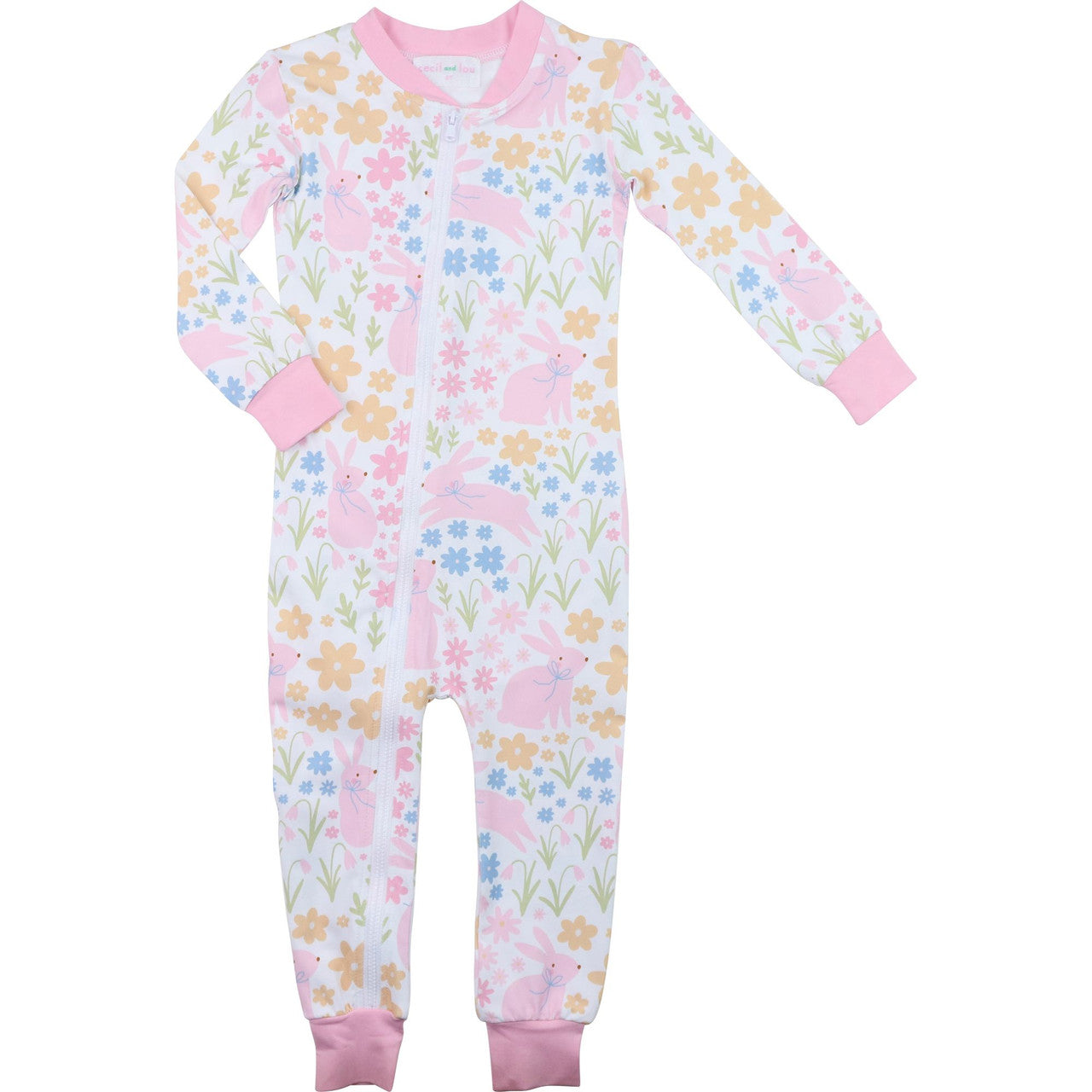 Pink Floral Bunny Knit Zipper Pajamas