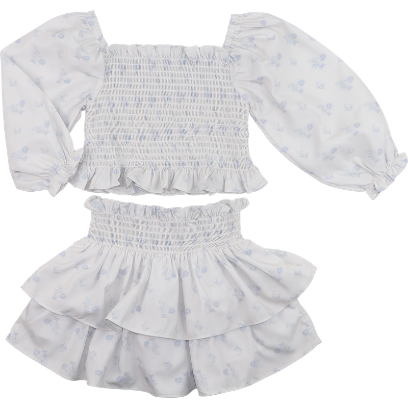 Blue Floral Toile Smocked Skirt Set