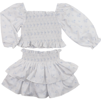 Blue Floral Toile Smocked Skirt Set