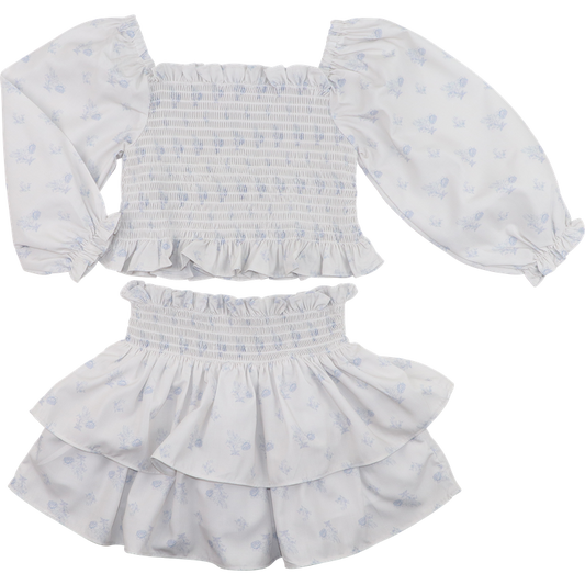 Blue Floral Toile Smocked Skirt Set