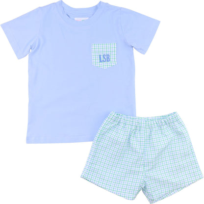 Blue And Green Windowpane Short Set