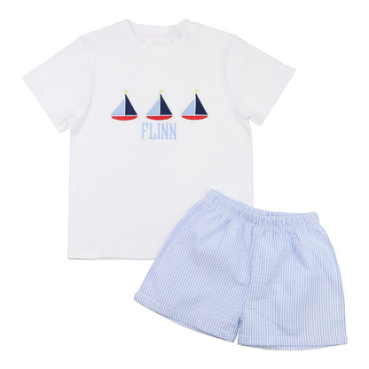 Blue Seersucker Sailboats Short Set