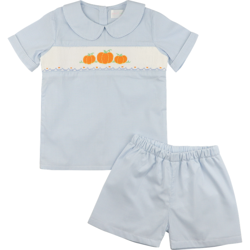 Blue Gingham Smocked Pumpkins Short Set