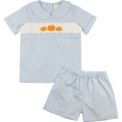 Blue Gingham Smocked Pumpkins Short Set