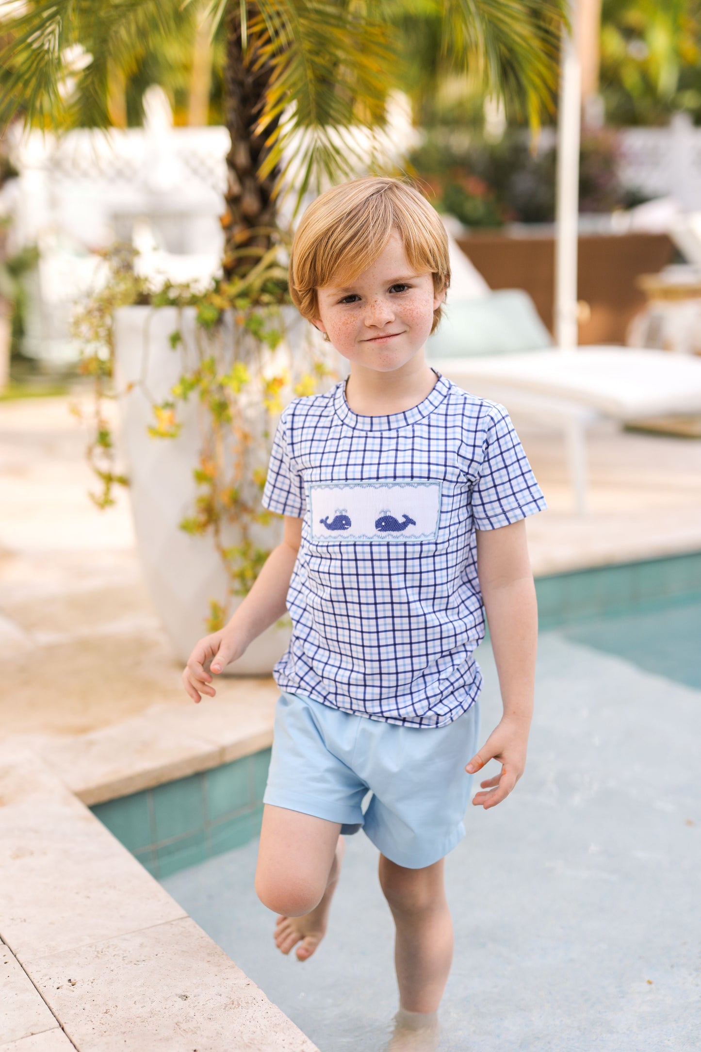 Blue And Navy Windowpane Smocked Whales Short Set